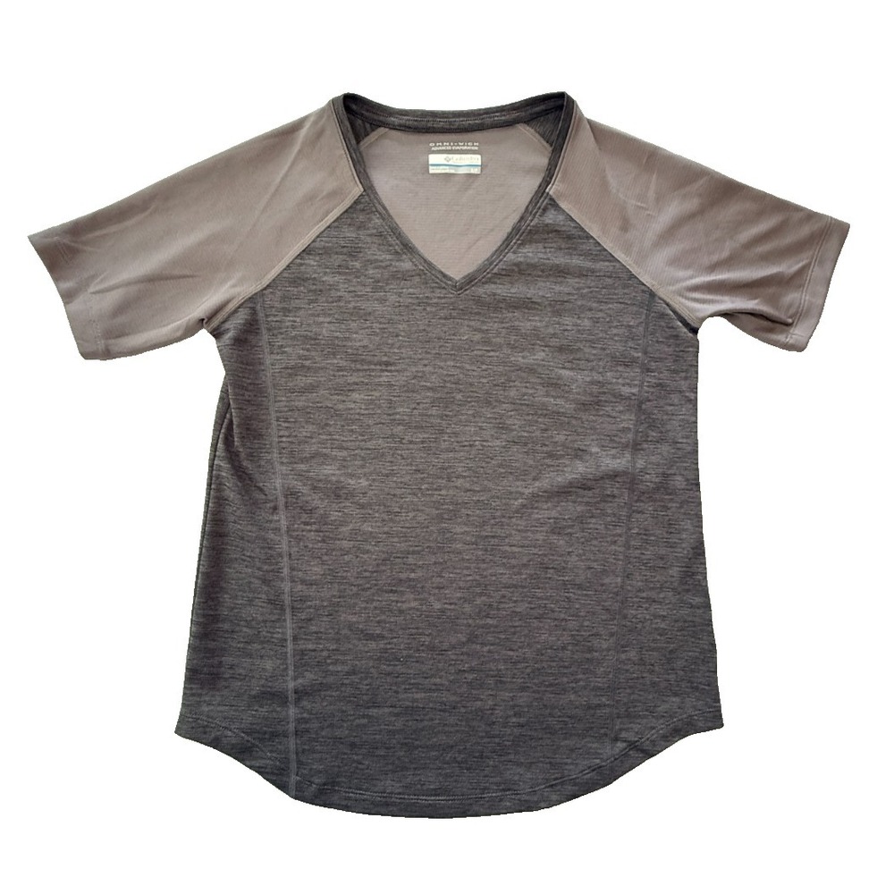 Columbia Womens Small Omni-Wick V Neck Athletic Shirt Gray Short Sleeve Hiking